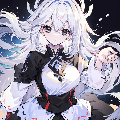 (Top image quality)、(Ultra Detailed)、(Facing forward)、top quality、masterpiece、(((1 girl)))、Silver Hair、white hair、((Long hair))、(black eyes:1.6)