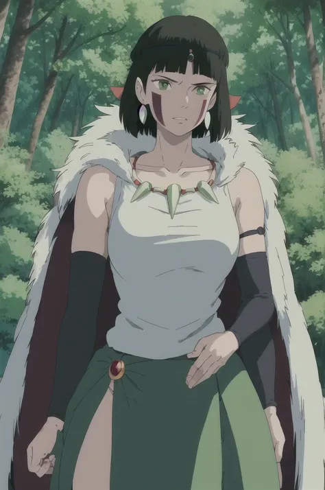 ghibli style, san (mononoke hime),
1girl, armlet, bangs, black hair, black undershirt, breasts, cape, circlet, earrings, facepaint, floating hair, forest, fur cape, green eyes, jewelry, looking at viewer, medium breasts, nature, necklace, outdoors, parted ...