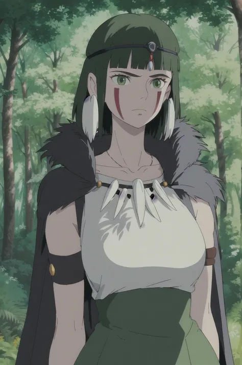 ghibli style, san (mononoke hime),
1girl, armlet, bangs, black hair, black undershirt, breasts, cape, circlet, earrings, facepaint, floating hair, forest, fur cape, green eyes, jewelry, looking at viewer, medium breasts, nature, necklace, outdoors, parted ...