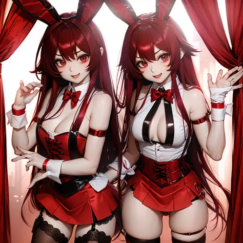 outrageous, best qualityer, 1 girl, standing alone, Red hair, purples eyes, long hair, big fit ass, oh Rabbit, bunny ears, red corset, gakuran, aprons, red ribbons around the neck, red skirt, headband, manga curta, wrist cuffs, white thigh highs, the jingl...