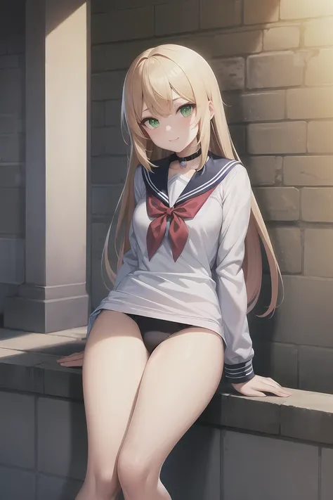 masterpiece, Highest quality, Perfect lighting, Facial lighting, Blonde, choker, Green Eyes, Long Hair, Sailor uniform with underwear visible, Japanese ,blush, BREAK Watch Viewers, Outdoor rest, Leaning against a wall