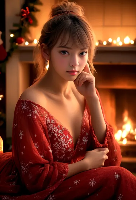 a beautiful young woman (Lalisa Manobal, age 25), wearing an airy sheer Christmas night gown (shoulders exposed, deeply plunging neckline) , nude except for night gown, her intimate areas partially exposed and very detailed, playing with a baby bunny by an...