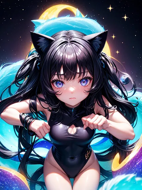 Black long hair black eyes glowing galaxy cat ears wearing dark blue galaxy swimsuit and have glowing galaxy cat tail