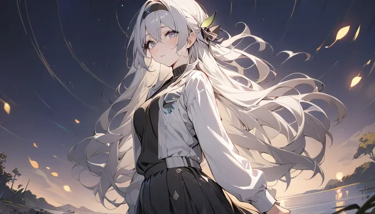 (best quality:1.3), (masterpiece:1.3), (illustration:1.3), (Extremely detailed:1.3), firefly (Collapse: Star Trails), 1 Girl, Solitary, Long hair,  Bangs, skirt, Long sleeve, Hair accessories, Silver hair, Black hair band, Medium breasts, Hair between the ...