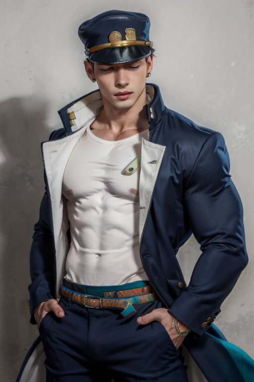 (masterpiece, highest quality:1.2),, cowboy shot, alone, male focus, one boy, kujo jotaro, muscular man, severe, mouth closed, v...