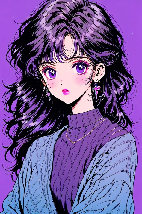 (highest quality, sketch:1.2),realistic,illustrator,anime,1 girl, detailed lips,sweater,custom,pink gradient background,neon hai...