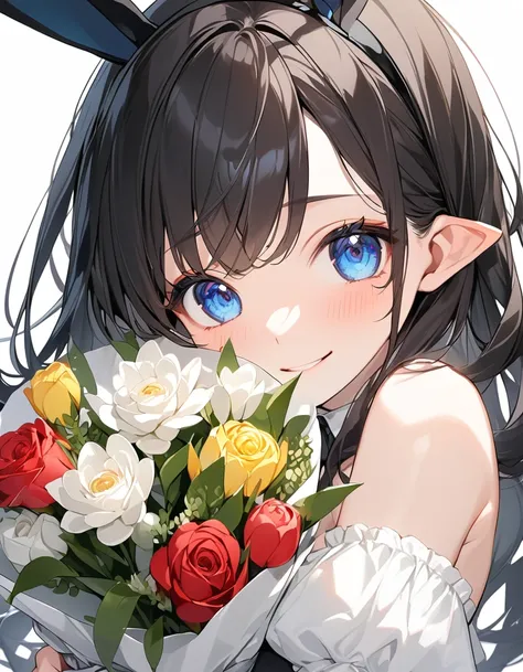 (Highest qualityのイラスト、Simple white background:1.2), (cute女の子:1.1), (1 girl、17 years old、), (1 girl、Kind eyes、blue eyes)、Black Hair、Semi-long hair、(Highest quality、Very detailed、cute、Ultra-high resolution) 、Black Hairの美少女、smile、Bunny girl、Bunny ears、Black l...