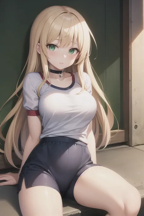 masterpiece, Highest quality, Perfect lighting, Facial lighting, Blonde, choker, Green Eyes, Long Hair, Gym clothes showing a glimpse of the bra, Japanese ,blush, BREAK Watch Viewers, Outdoor rest, Leaning against a wall