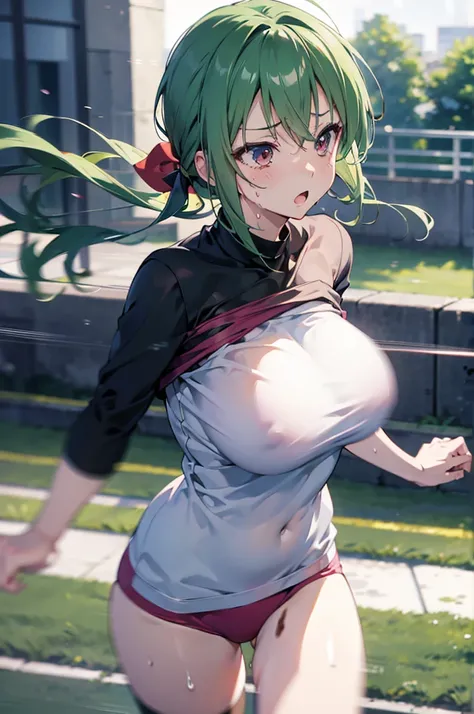 anime style,((bouncing breasts,unaligned breasts)),((Motion-blur)),Tired face, shirt transparent with sweat,
running,huge breasts,