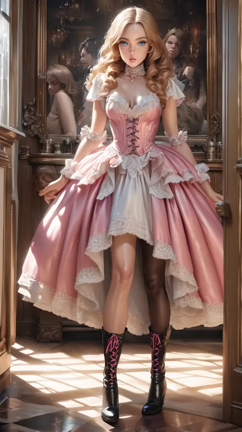 A beautiful curly-haired blonde woman with striking blue eyes and long eyelashes, wearing a frilly, intricate pink saloon girl dress with a knee-length skirt, white accents, a frilly lace choker, and a pink corset. She is standing full-body, with lace-up h...