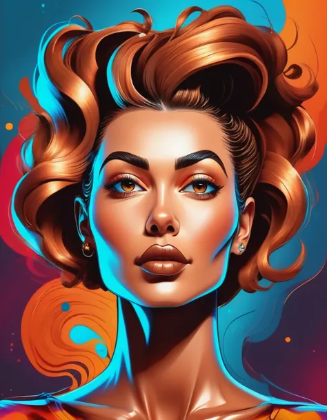 vector cartoon illustration of  a vibrant woman with hair that is  Bronze slicked back, vibrant fashion with a vivid radial gradient swirling  background 