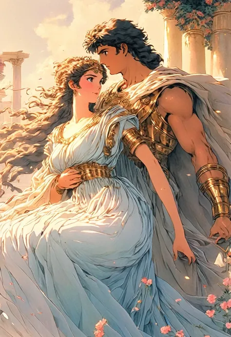 Very best quality, masterpiece , a very retro vintage kinda look feel 8K,High HD,higher rselutionHigh quality very anime semi realism In Ancient classical Athens Show a young strong powerful looking handsome youvng man a yoing very lovely woman in ancient ...