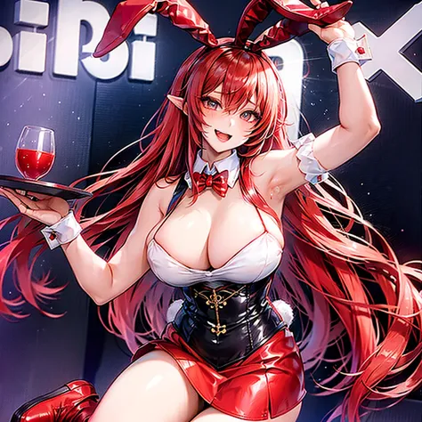 outrageous, best qualityer, 1 girl, standing alone, Red hair, purples eyes, long hair, big fit ass, oh Rabbit, bunny ears, red corset, gakuran, aprons, red ribbons around the neck, red skirt, headband, manga curta, wrist cuffs, white thigh highs, the jingl...