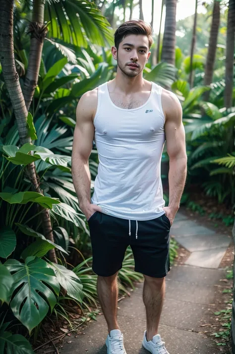 full body shot of a handsome man wearing tank top, upper body, outdoor, 28yo, caucasian, darelljones, ultra realistic, highres, solo, american boy, tropical forest, chill vibe, (masterpiece,best quality:1.5)