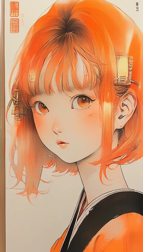 (realistic:1.1),ghibli ,anime ,(childen girl ,1girl ),,lip, Laplap,Fiberglass, fluorescent orange gradient background, Rust hair,Blunt bangs hair, Asian ,, (masterpiece,best quality,niji style)