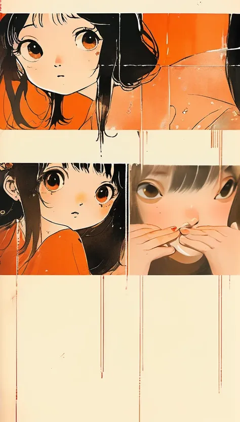 (realistic:1.1),ghibli ,anime ,(childen girl ,1girl ),,lip, Laplap,Fiberglass, fluorescent orange gradient background, Rust hair,Blunt bangs hair, Asian ,, (masterpiece,best quality,niji style)