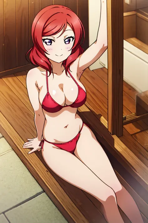 (((pixel-perfect, detail-perfect))), solo, 1girl, maki nishikino, smile, sauna, bikini, armpit, large extreme filesize, ultra High Qality