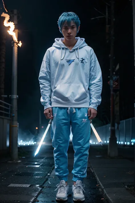 18 year old male anime wearing a white hoodie with the word K on the chest, The hoodie has a shining light blue flame effect, wearing sneakers, light blue hair, Headphones around the neck, wielding a glowing purple flame katana, 1 winged black dragon next ...