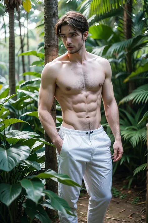 full body shot of a handsome topless man , upper body, outdoor, 28yo, caucasian, darelljones, ultra realistic, highres, solo, american boy, tropical forest, chill vibe, (masterpiece,best quality:1.5)