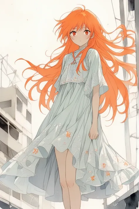 1girl, orange hair, red eyes, dress, (solo:1.3),  