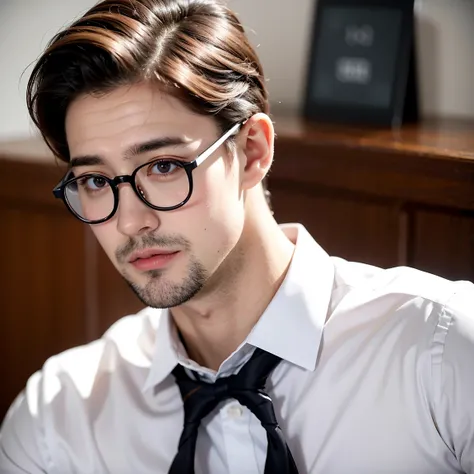 Male German teacher, wearing a white shirt, wearing a tie, wearing glasses, Brown haired, taper fade hairstyle, masculine