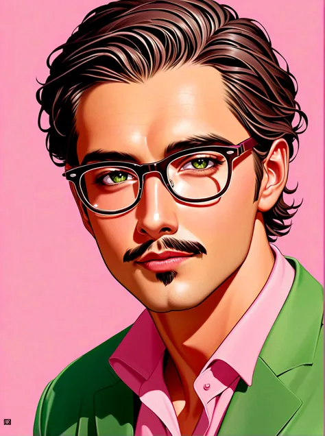  Rendering，A digital picture，One wears glasses，Green shirt on chest，Pink background Pink background,