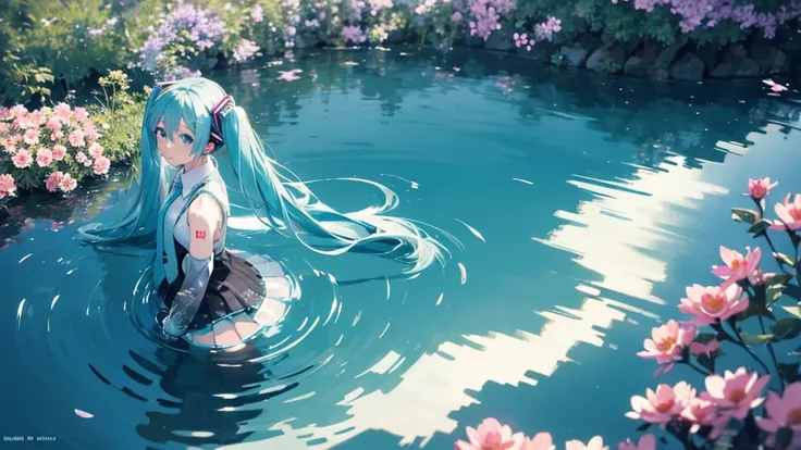 Hatsune Miku。In the background is a calm water surface.、Flowers illuminated by the morning sun々is spreading、Her light blue hair is soft and shiny.。