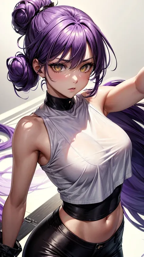 (masterpiece), best quality, expressive eyes, perfect face, purple hair, yellow eyes, women,  white crop top, hair in a bun, black pants