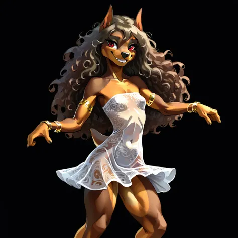 (anthro Dog:1.3), (dark brown fur:1.2), (doberman:1.1), muscular body, small breasts, (white slightly transparent strapless mini dress:1.0), (filigree gold bracelet:0.9), (black eye makeup:0.9), (full body view:1.0), toothy smilie, (dancing:1.5), black lon...