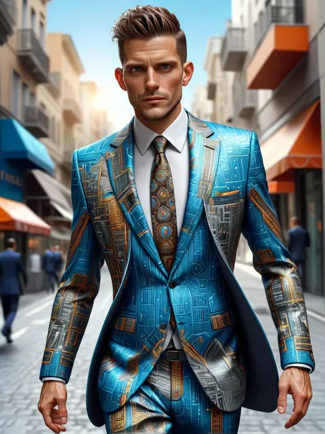 man in crazy traveling business suit walking through the city(masterpiece:1.2), best quality, (ultra detailed, the most detailed...