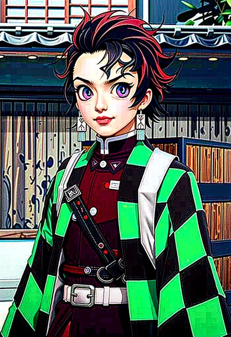 un garçon vêtue d&#39;un manteau rayé vert et noir se tient devant un tonneau, Kimetsu no Yaiba, handsome guy in Tueur de démons art, Tanjiro Kamado, Tueur de démons rui fanart, épingler sur l&#39;anime, le joker ressemble à Naruto, meilleur design de pers...