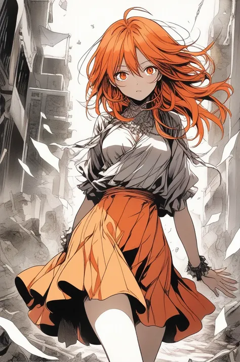 1girl, orange hair, red eyes, dress, (solo:1.3),  