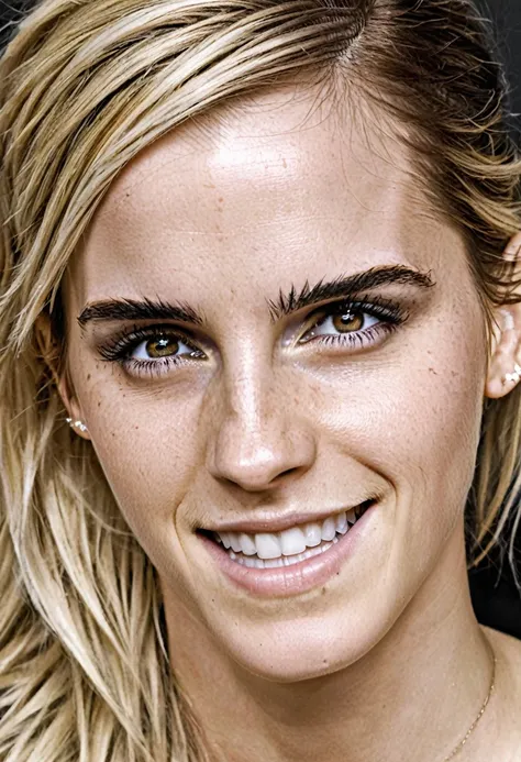 high quality  sexy photograph  of Emma Watson, long white blonde messi hair, happy, laughing, eyes open, perfect eyes, highly detailed, very detailed skin texture,  (insanely detailed skin texture ), full body,
  