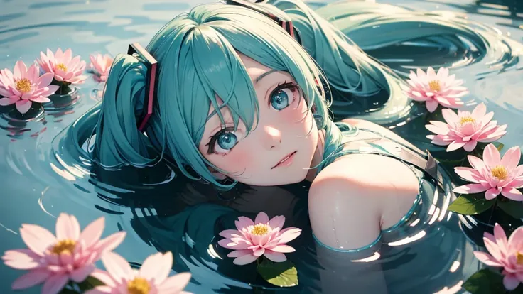 Hatsune Miku。In the background is a calm water surface.、Flowers illuminated by the morning sun々is spreading