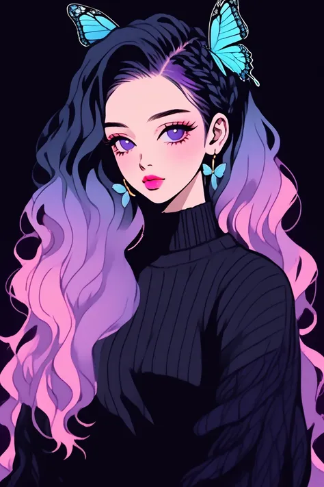 (highest quality, sketch:1.2),realistic,illustrator,anime,1 girl, detailed lips,sweater,custom,pink gradient background,neon hai...