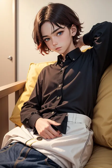 , ((1 adult boy without a beard)), ((tomboy hair with red color)), ((blue eye)), ((black shirt with long sleeves closed, with yellow buttons and white shirt collar,)) ((a light-skinned boy)) ((with white pants)) ((and brown shoes))((de corpo inteiro)) 