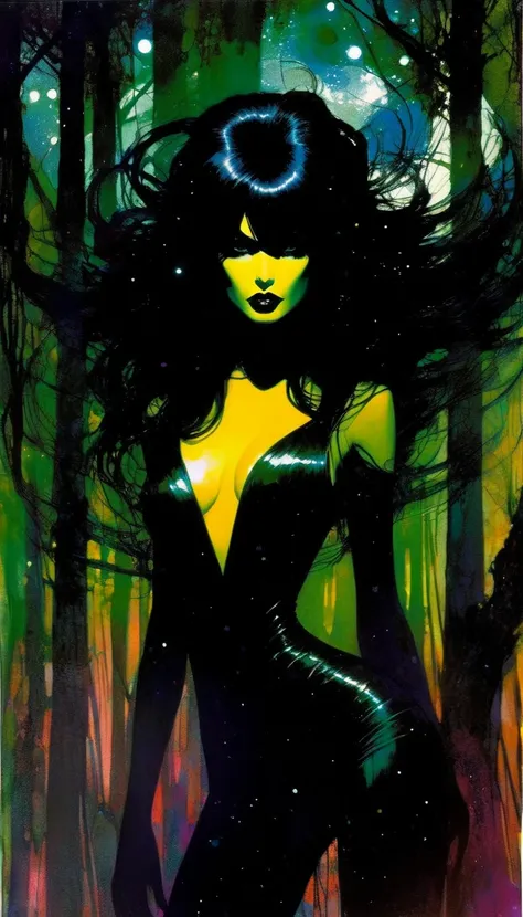 sexy black hair girl, dark forest, sinister, stars, background, art inspired by Bill Sienkiewicz
