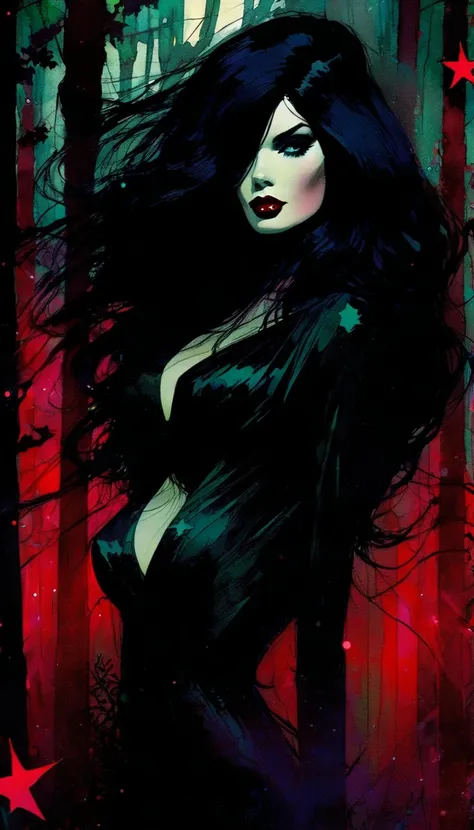 sexy black hair girl, dark forest, sinister, stars, background, art inspired by Bill Sienkiewicz
