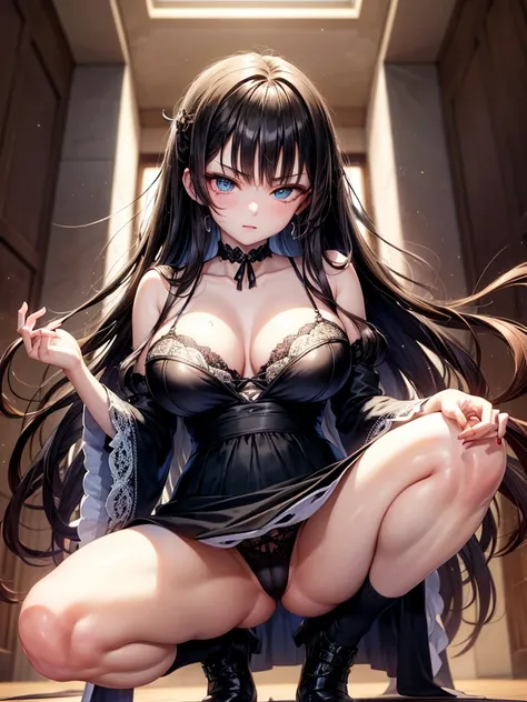 anime style、masterpiece、highest quality、1 girl、big breasts:1.3、shiny skin:1.5、satella、serious、black long hair, blunt bangs,((((Jet black, black hair)))),(ultra-detailed eyes, beautiful and detailed face, detailed eyes: 0.9), ,((full shot)), , longeyelashes...