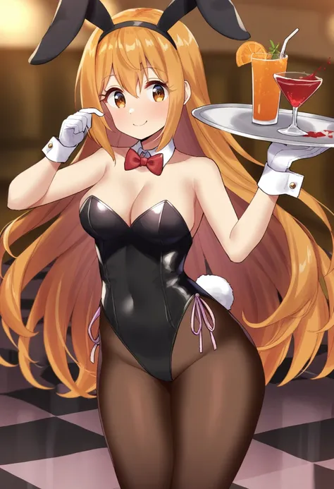 ((Princess connect !)),((pecorine)),1girl, pantyhose, animal ears, solo, playboy bunny, rabbit ears, gloves, breasts, tray, detached collar, leotard, tail, smile, white gloves, rabbit tail, black leotard, cleavage, drinking glass, strapless leotard, strapl...