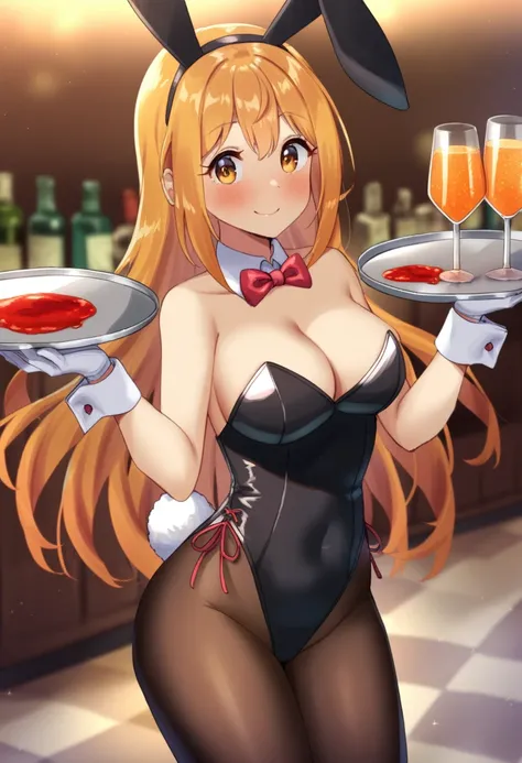 ((Princess connect !)),((pecorine)),1girl, pantyhose, animal ears, solo, playboy bunny, rabbit ears, gloves, breasts, tray, detached collar, leotard, tail, smile, white gloves, rabbit tail, black leotard, cleavage, drinking glass, strapless leotard, strapl...