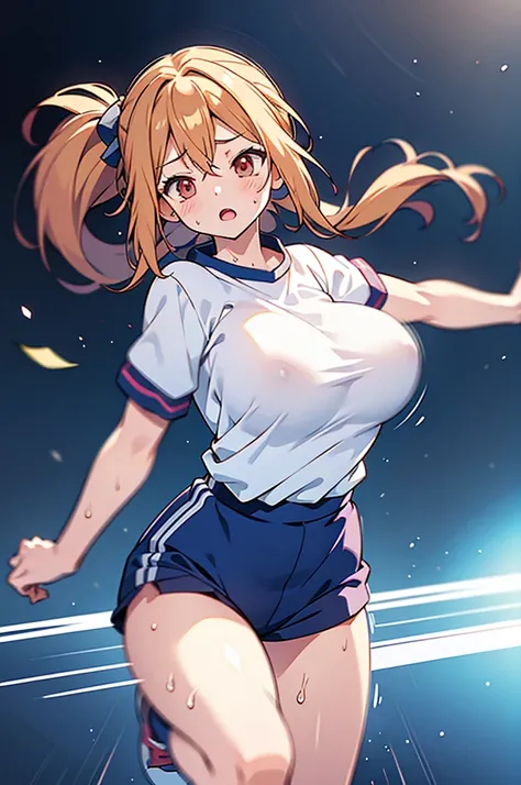 anime style,((bouncing breasts,unaligned breasts)),((Motion-blur)),Tired face, shirt transparent with sweat,
running,huge breasts,