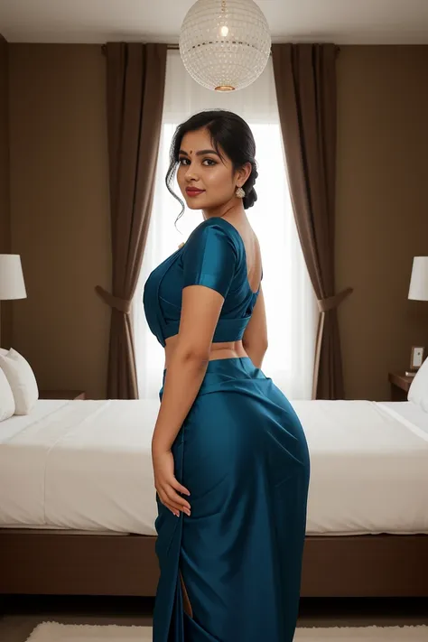 /imagine prompt: 34-year-old lady with chubby cheeks wearing a blouse and saree in a bedroom, she is in a blue silk saree with a...