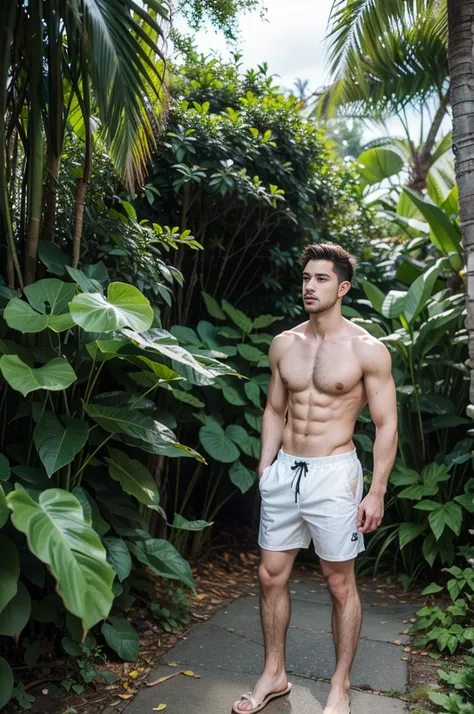 full body shot of a handsome topless man wears shorts , upper body, outdoor, 28yo, caucasian, darelljones, ultra realistic, highres, solo, american boy, tropical forest, chill vibe, (masterpiece,best quality:1.5)