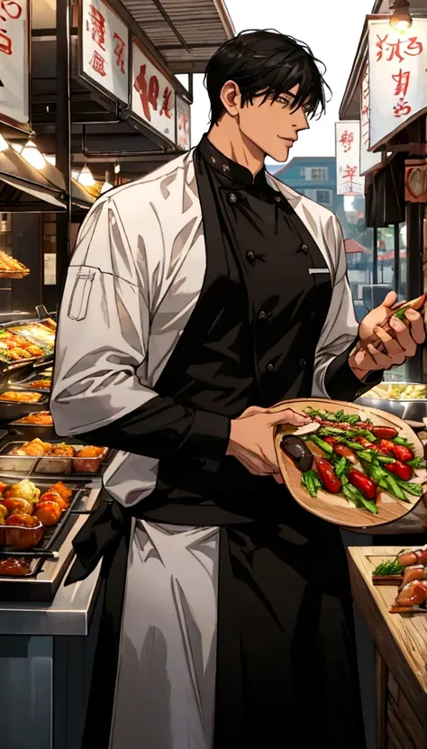 A handsome young man with black hair, dressed in a professional chefs outfit, is standing at a bustling street food stall. He is focused and skillfully preparing a delicious dish, with various cooking utensils and ingredients around him. The background fea...