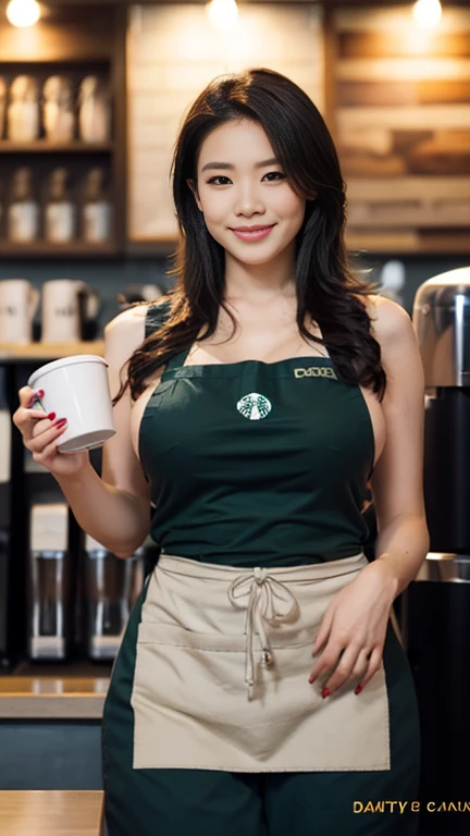 (best quality,highres), A beauty in a Starbucks uniform makes coffee, Big breast、just wearing naked apron、full body, naughty seductive pose, vivid colors,portrait,detailed eyes and face,dark hair,beautiful lips,expressive eyes,natural lighting,smoky eye ma...