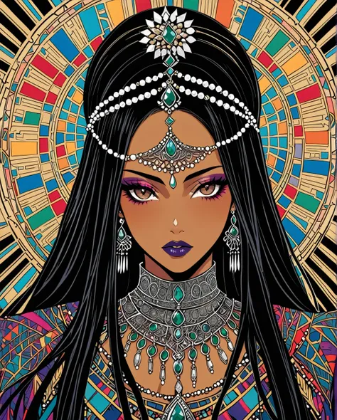 in style of Harry Clarke,
A rebellious Saudi Arabian woman, her black hair styled into a punk rock inspired look, complements her brown eyes and light brown tan skin. The image, possibly a vibrant painting, captures her bold and unique style with precision...