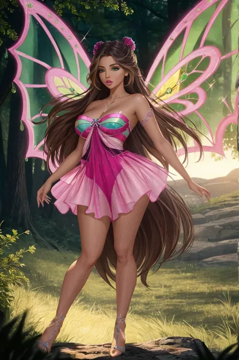 cinematic composition, professional full body shot photo of Flora,transparent dress, neckline., pink wings, sparklingtransparent clothing, green eyes, brown hair,
detailed skin, detailed eyes, finely detailed hair,
volumetric light, highrez, masterpiece, b...