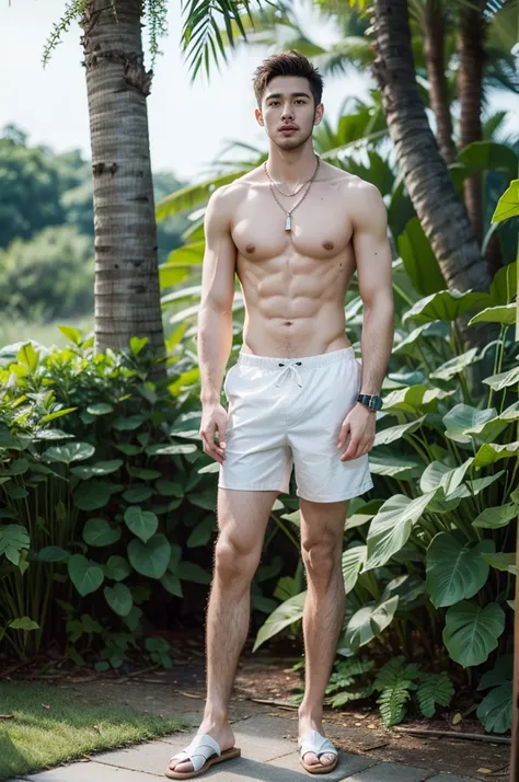 full body shot of a handsome topless man wears shorts , nacklace, watch, upper body, outdoor, 28yo, caucasian, darelljones, ultra realistic, highres, solo, american boy, tropical forest, chill vibe, (masterpiece,best quality:1.5),ground