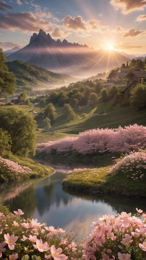 photo RAW,((spring:1.3) ,sunrise,(sunrays),hills and a wooden village on lake, (Pink Mink flowers on foreground), lens flare, 4k highly detailed digital art, 8k hd wallpaper very detailed, impressive fantasy landscape, sci-fi fantasy desktop wallpaper, 4k ...